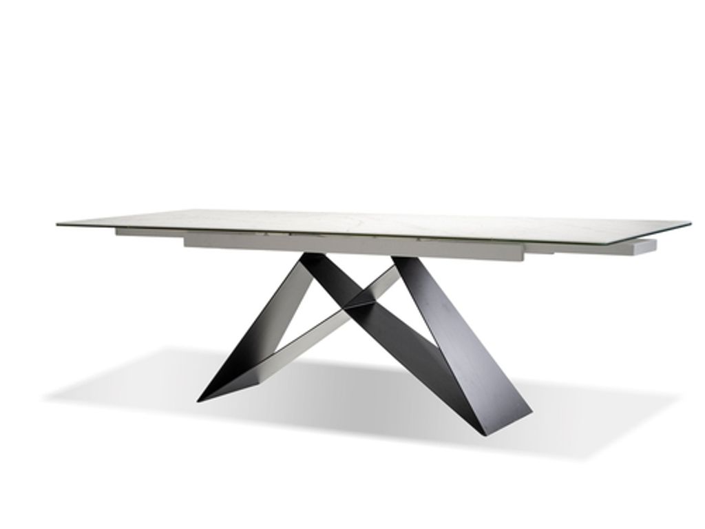 The W Dining Table Carrera Ceramic Tempered Glass Top, Black Powder Coated Frame