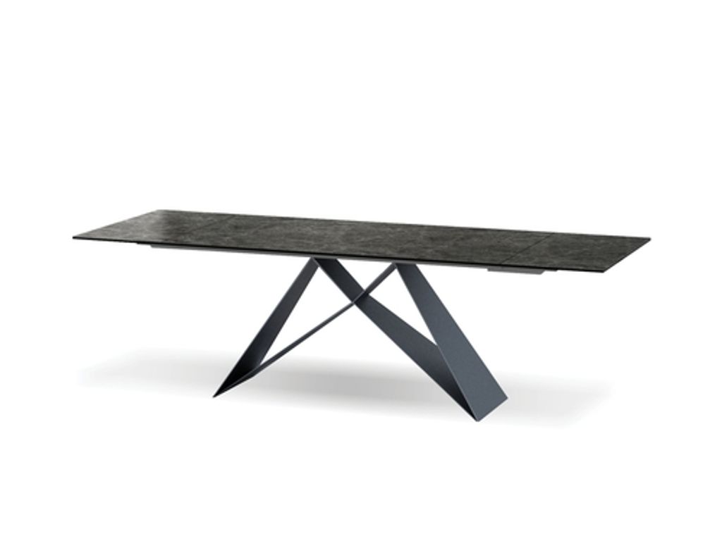 The W Dining Table Slate Ceramic Tempered Glass Top, Black Powder Coated Frame