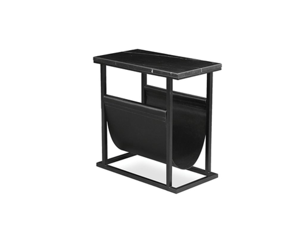 Onix Magazine Rack Black Nero Marquina Marble Black Leather Sling, Black Powder Coated Steel