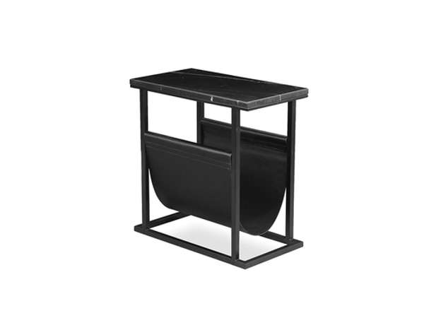 Onix Magazine Rack Black Nero Marquina Marble Black Leather Sling, Black Powder Coated Steel