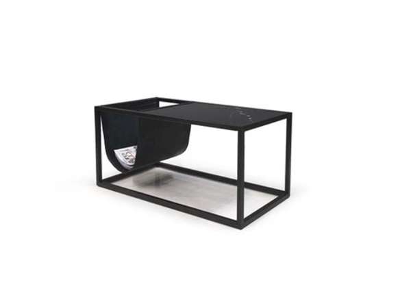 Reception Magazine Rack Black Leather Sling And Black Nero Marquina Marble, Black Steel