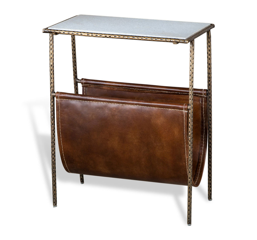 Preview image for White Marble, Forged Metal & Brown Leather Rectangle Side Table with Magazine Holder 18 inch