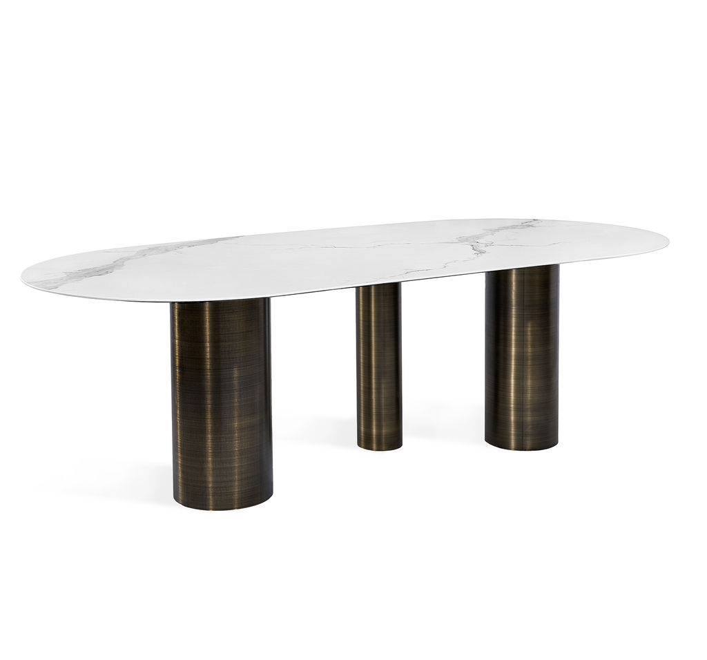Preview image for Modern Oval Dining Table Marble Look Porcelain Top with Antique Bronze Steel Pillars 94 inch