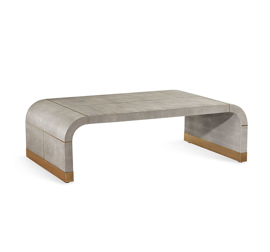 Preview image for Gray Faux Shagreen Curved Waterfall Rectangle Coffee Table Brushed Brass Trim 53 inch
