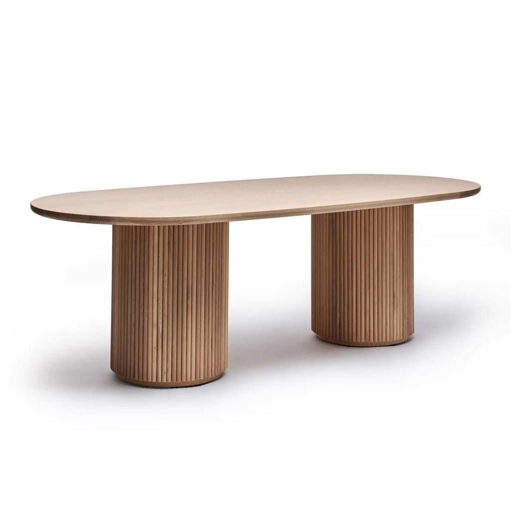 Preview image for Modern Organic Oval Dining Table Solid Oak Reeded Double Fluted Pedestal with Saddle Finish 94 inch