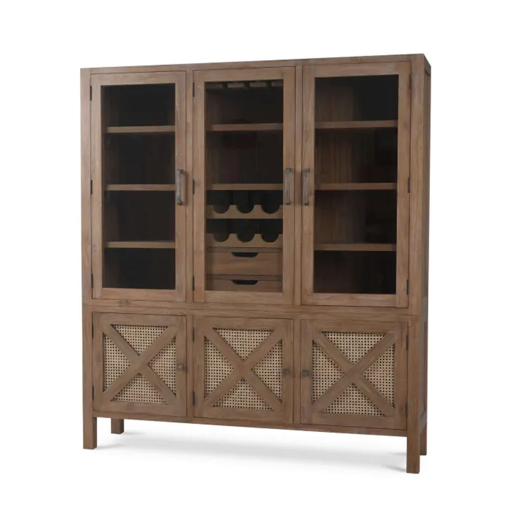 Preview image for Farmhouse Teak Wood Wine Bar Cabinet Hutch Cane Doors Brown Finish 60 inch