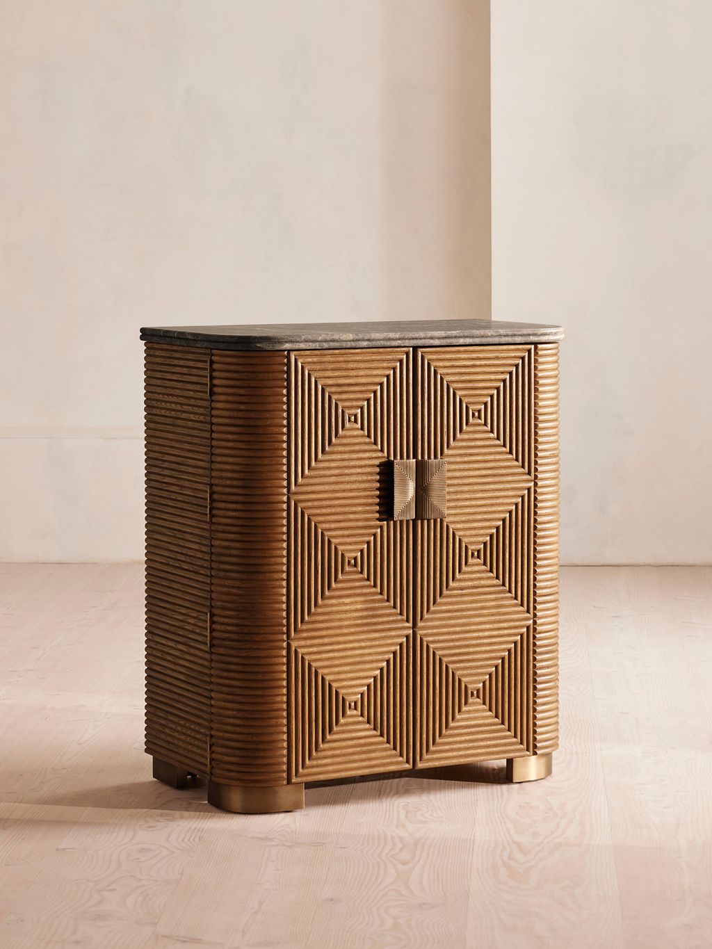 Preview image for Grey Emperador Marble & Geometric Reeded Oak Wood Bar Cabinet with Wine Storage 38 inch