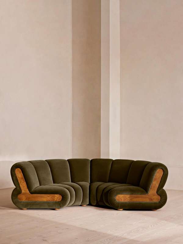 Noelle Sectional Curved Sofa Four Seater, Velvet Olive
