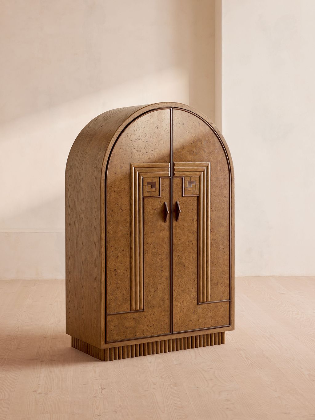 Preview image for Art Deco Style Oak Burl Wood Arched Top Bar Cabinet with Wine Storage 40 inch