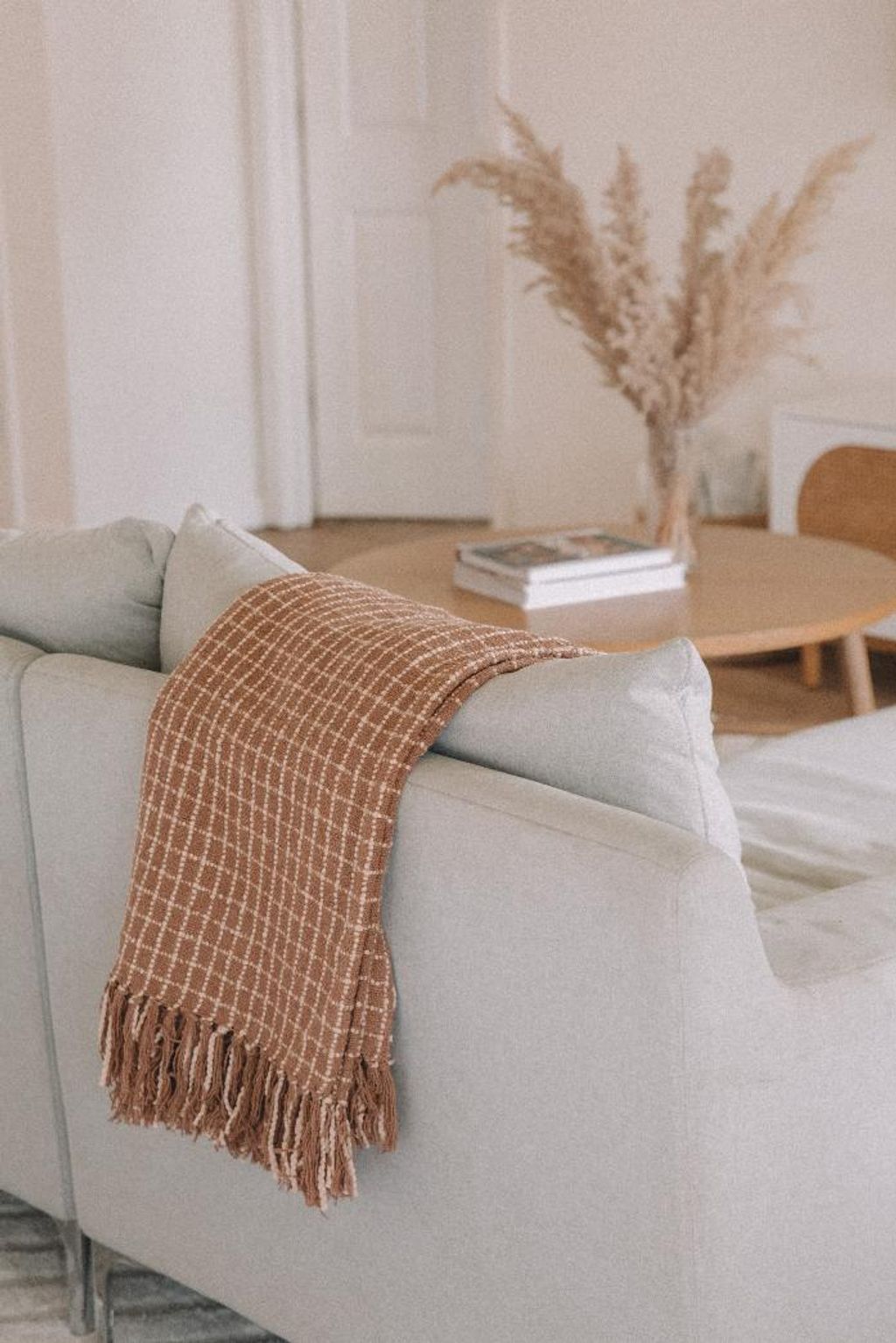 Cotton Boucle Small Checkered Throw Blanket, Latte Ivory