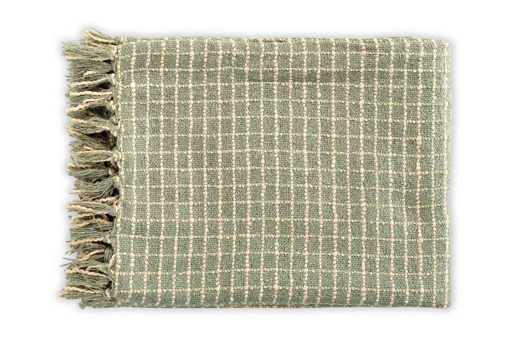 Preview image for Cotton Boucle Small Checkered Throw Blanket, Sage Ivory