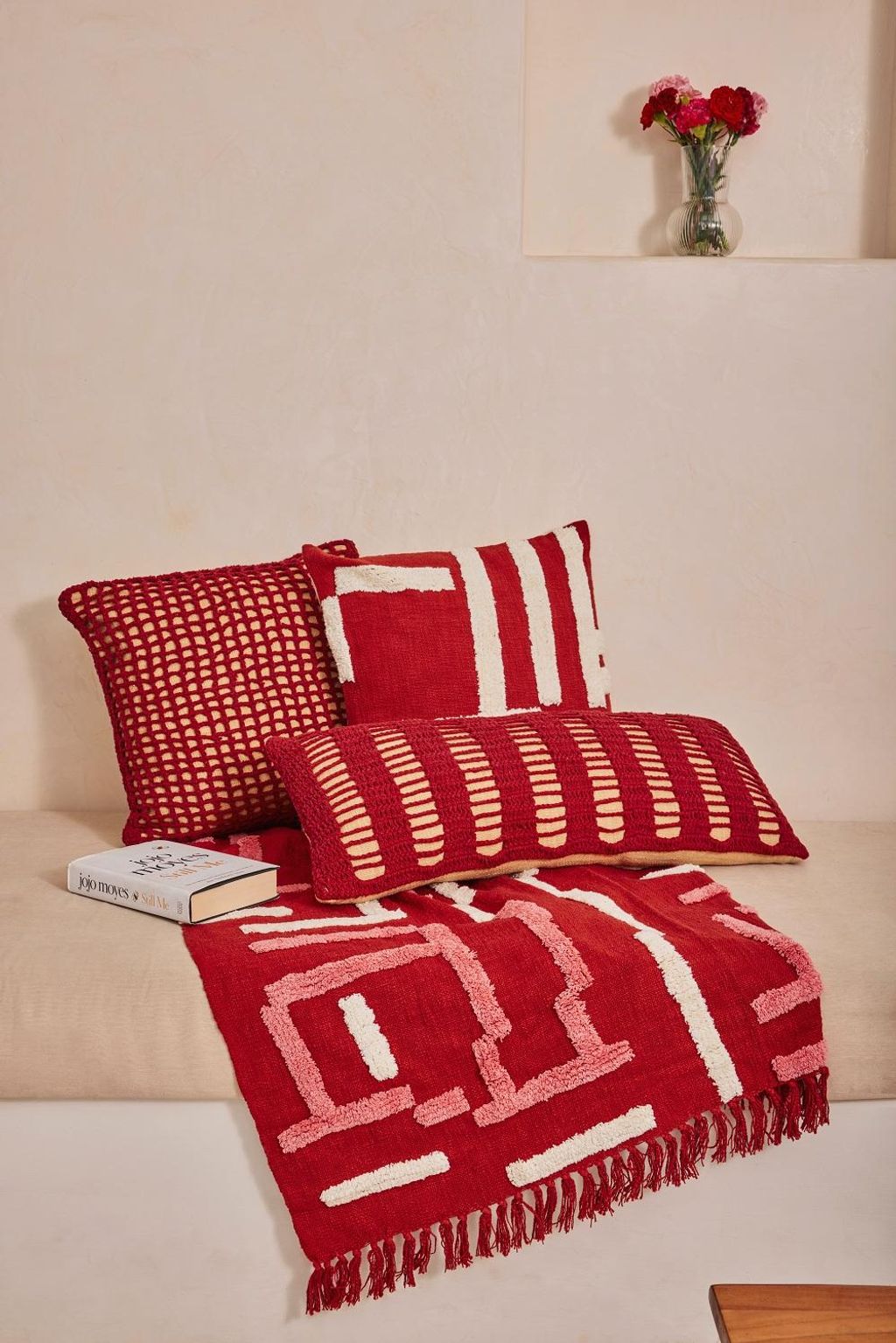 Tarika Lines Lumbar Crochet Pillow 12" X 30", Wine Red