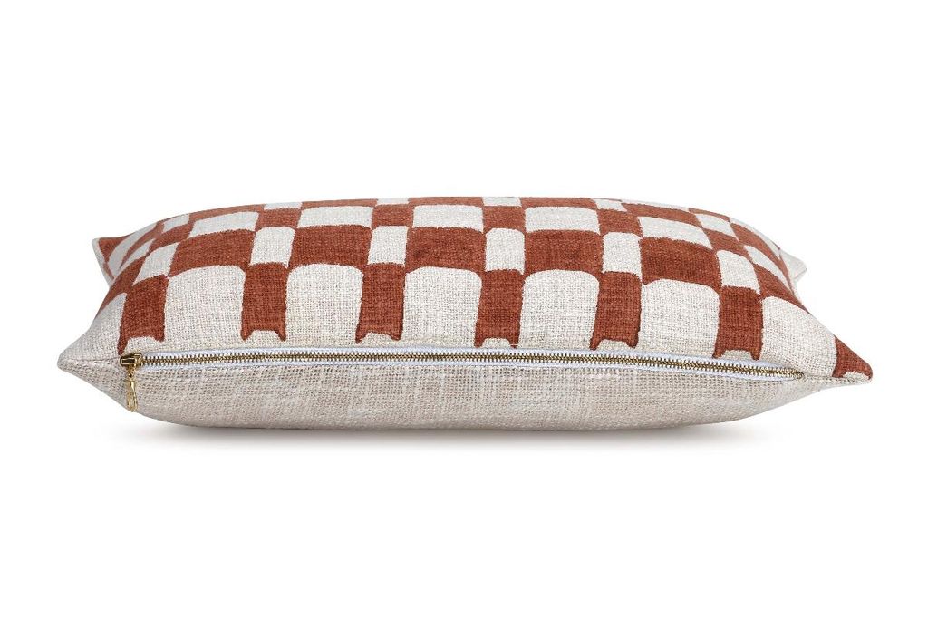 Aaakar Checkered Block Printed Pillow 12" X 20", Rust