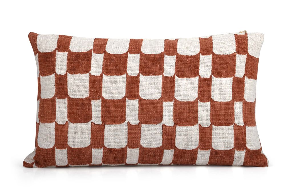Aaakar Checkered Block Printed Pillow 12" X 20", Rust