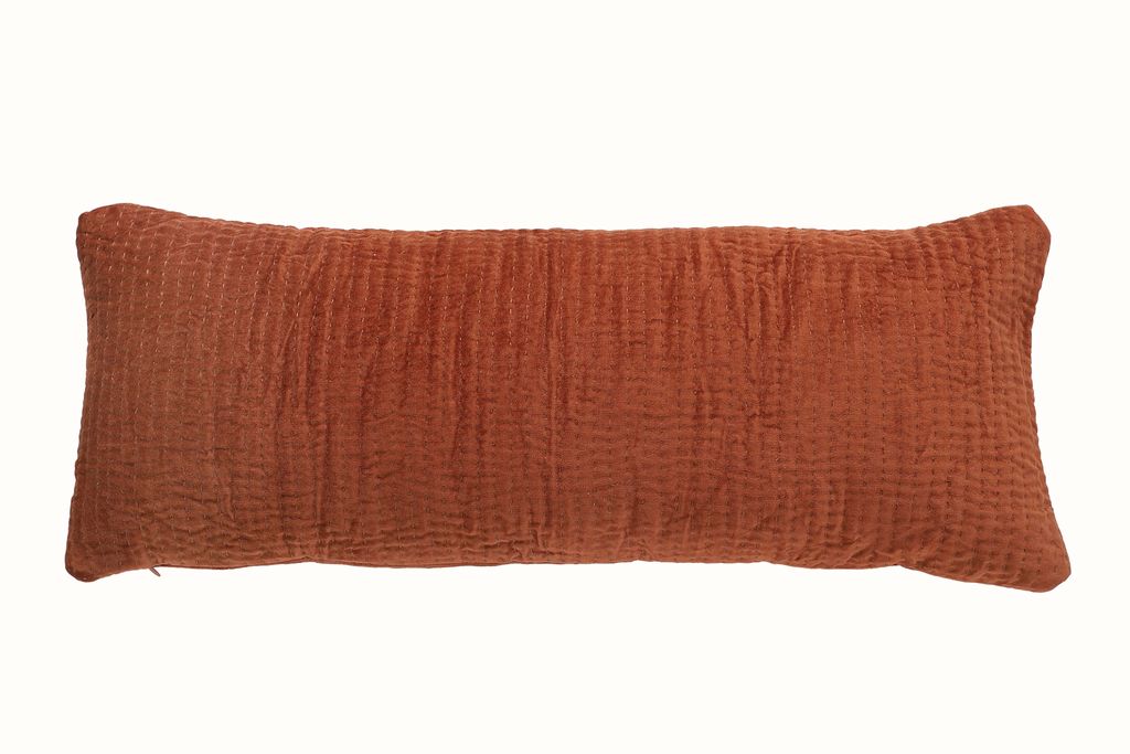 Velvet Kantha Handmade Lumbar Pillow Rust 12" X 30"