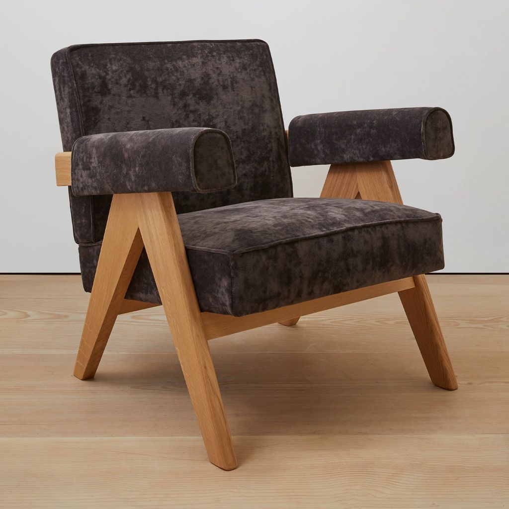 Preview image for Upholstered Armchair, Natural European Oak And Chocolate Mohair Velvet