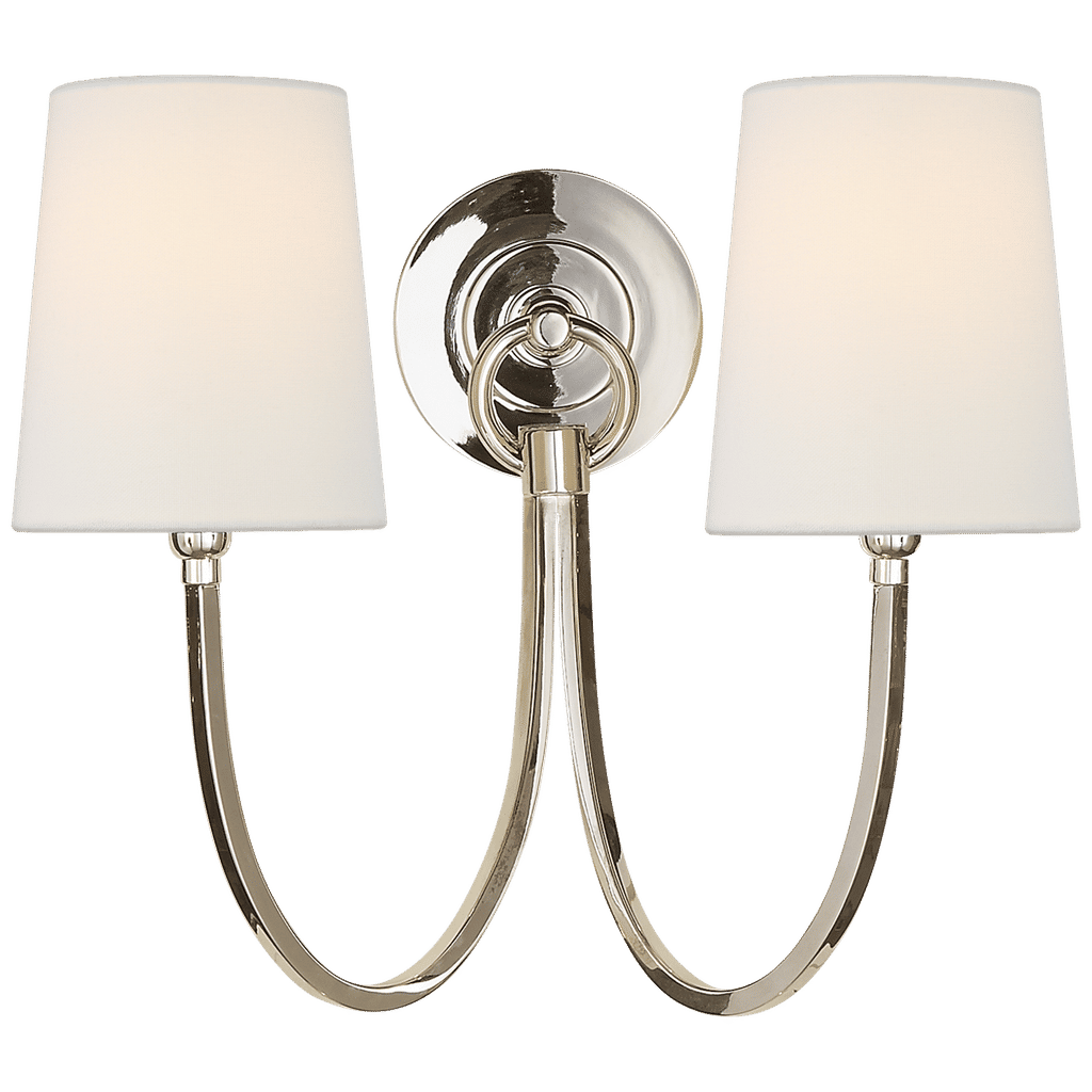Reed Double Sconce, Polished Nickel With Linen Shades