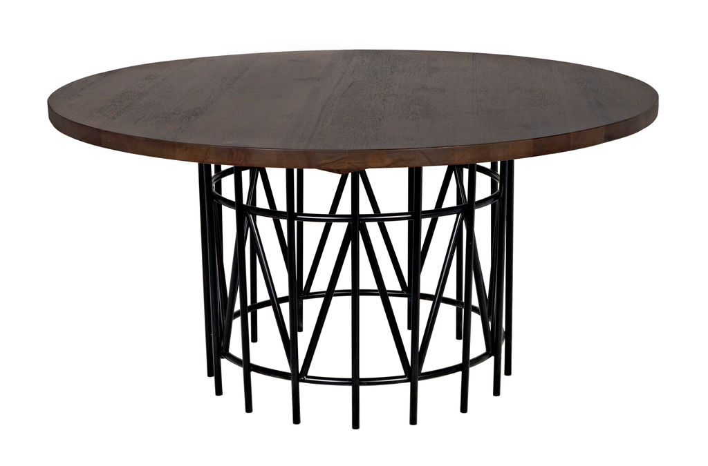 Hand-Carved Dining Table, Dark Walnut W/Black Steel Base