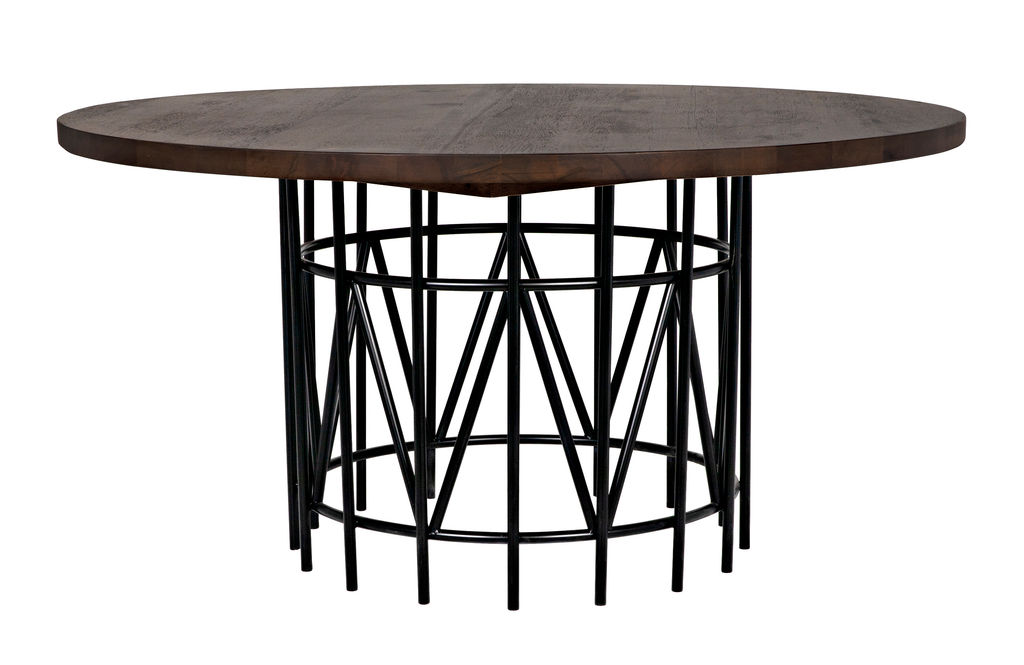 Hand-Carved Dining Table, Dark Walnut W/Black Steel Base