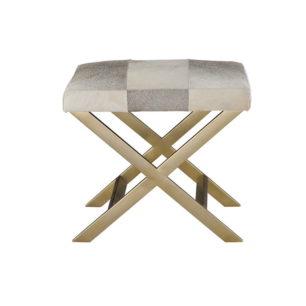 Frosted Hide Ottoman,  Antique Brass