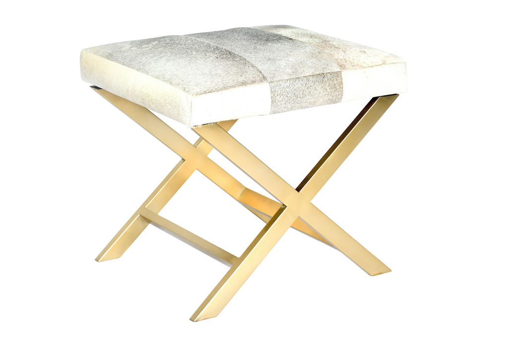 Frosted Hide Ottoman,  Antique Brass