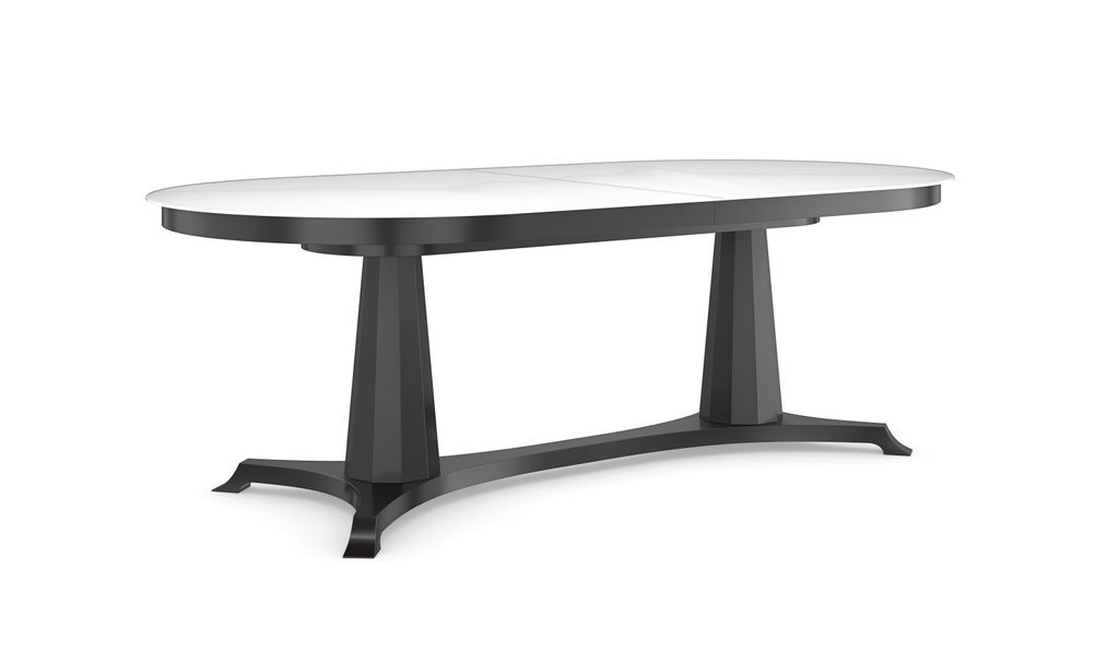 Preview image for Polished Milk Glass Top Oval Extension Double Pedestal Dining Table Black 90 to 130 inch