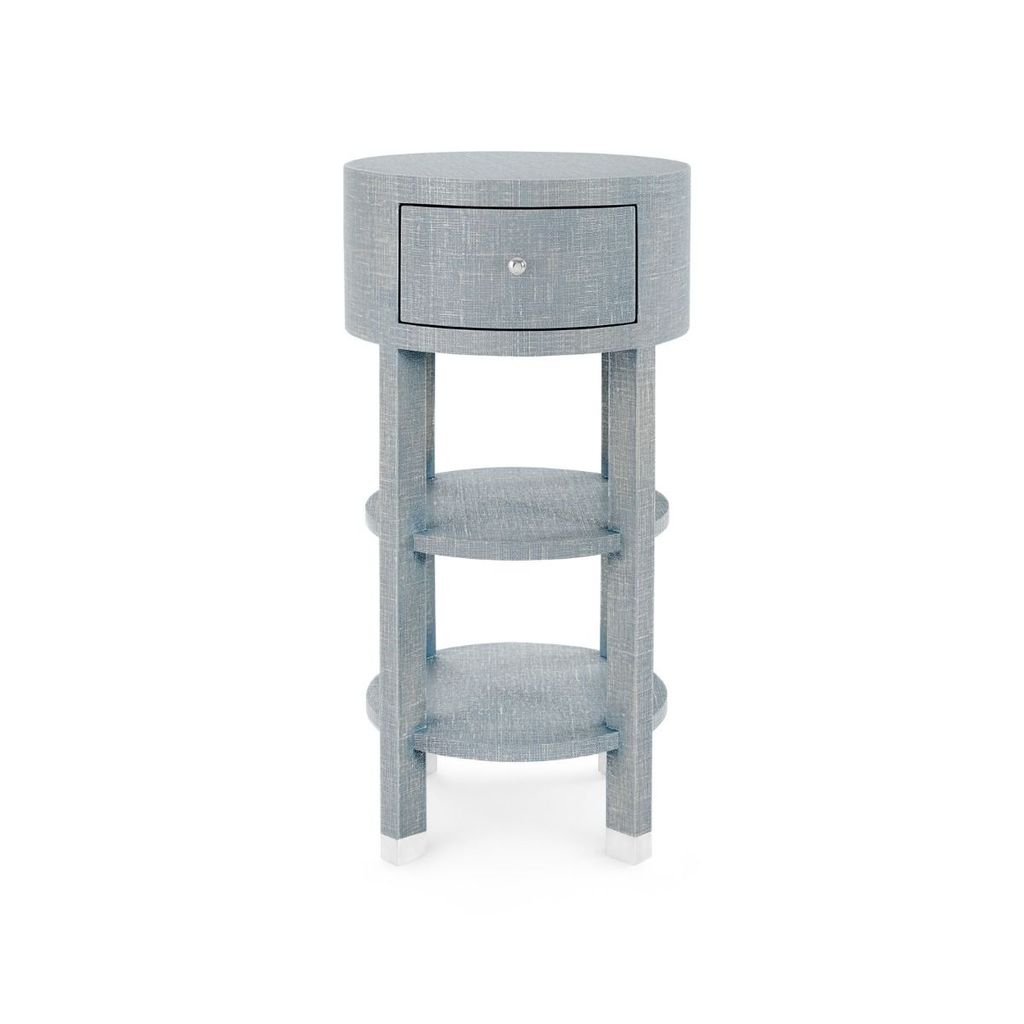 Claudette 1-Drawer Round Side Table, Washed Winter Gray