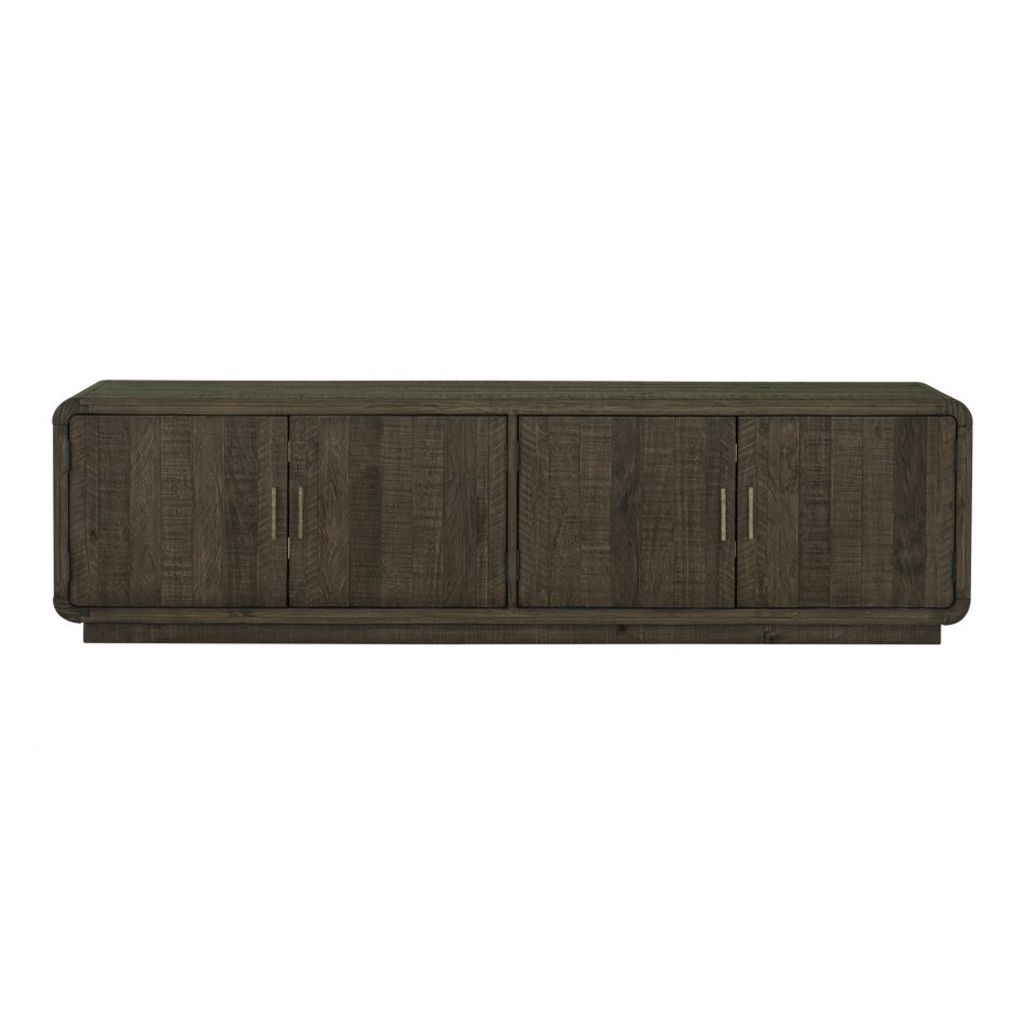 Preview image for Rustic Brown Pine Wood Rounded Low Profile Media Console Storage Cabinet 83 inch