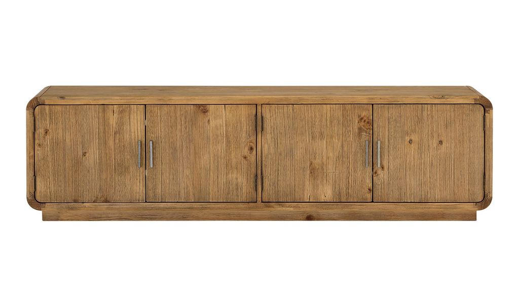Preview image for Rustic Blond Pine Wood Rounded Low Profile Media Console Storage Cabinet 79 inch