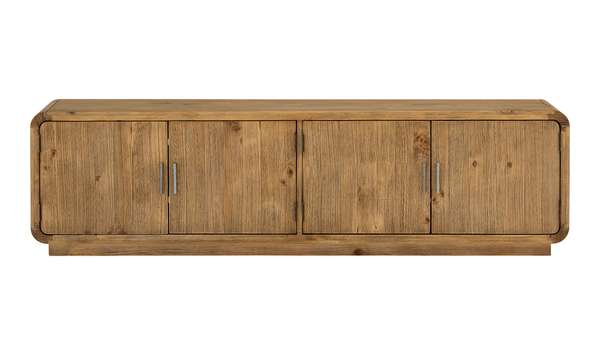 Rustic Blond Pine Wood Rounded Low Profile Media Console Storage Cabinet 79 inch