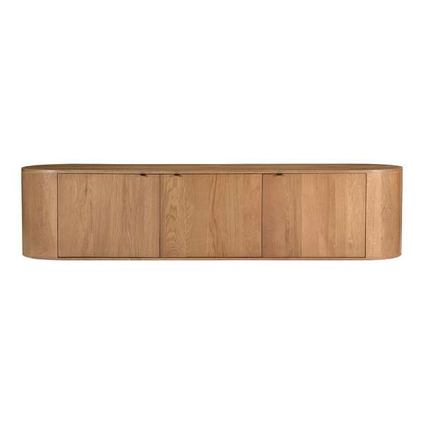 Low Profile Curved Solid Oak Wood 3 Door Media Console Storage Cabinet 80 inch