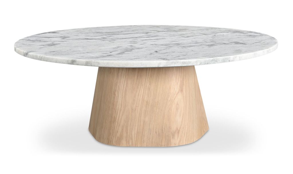 Preview image for Gray & White Marble Top Light Oak Pedestal Round Coffee Table 42 inch