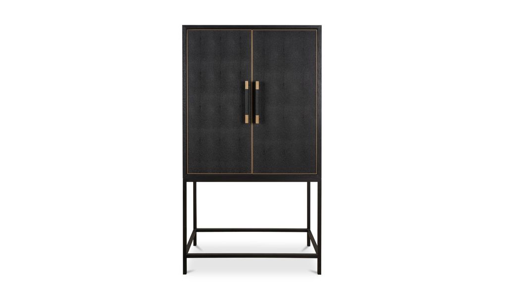 Preview image for Hollywood Regency Black Shagreen & Black Solid Oak Wood Tall Bar Cabinet Metal Base 38 inch