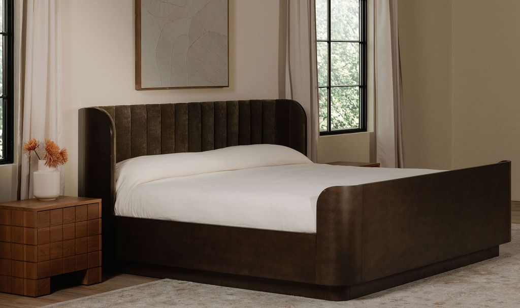 Channel Tufted Green Fabric Upholstered Curved Wingback Sleigh Queen Bed Frame Birch Wood