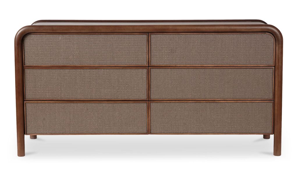 Preview image for Curved Brown Mango Wood & Tatami Mat Drawer Fronts 6 Drawer Double Dresser 62 inch