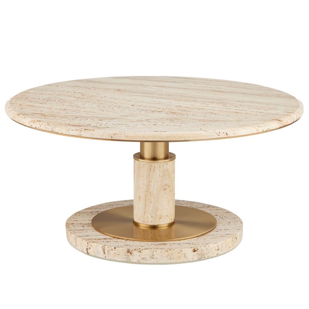 Travertine & Brass Round Pedestal Coffee Table 36 inch