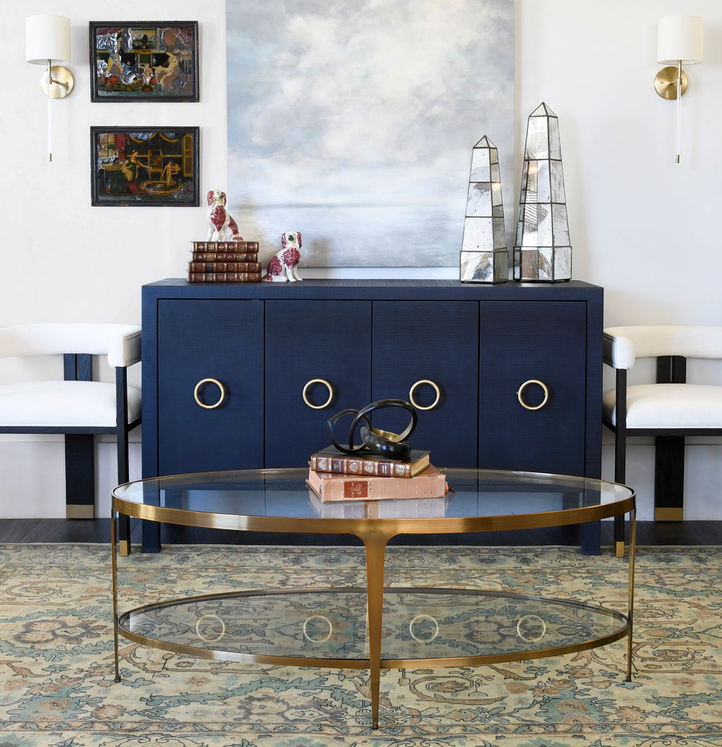 Modern Glam Two Tier Oval Coffee Table Antique Brass Metal Glass Top 48 inch