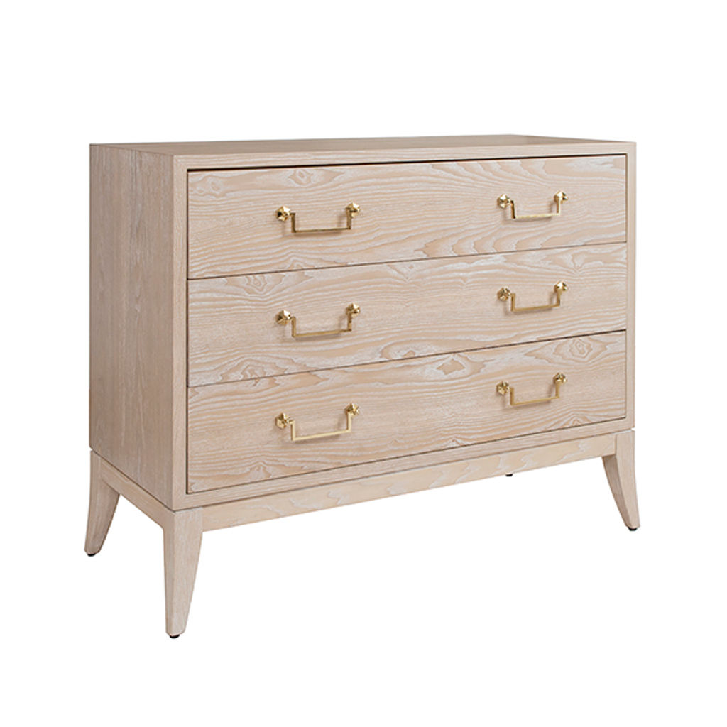 Sabre Leg 3 Drawer Chest With Brass Swing Handle In Light Cerused Oak