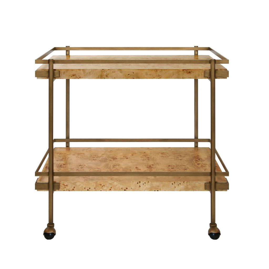 Antique Brass Bar Cart, Burl Wood