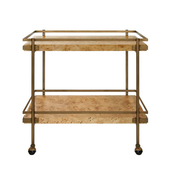 Antique Brass & Brown Burl Wood Rectangle Bar Cart Server with Wheels