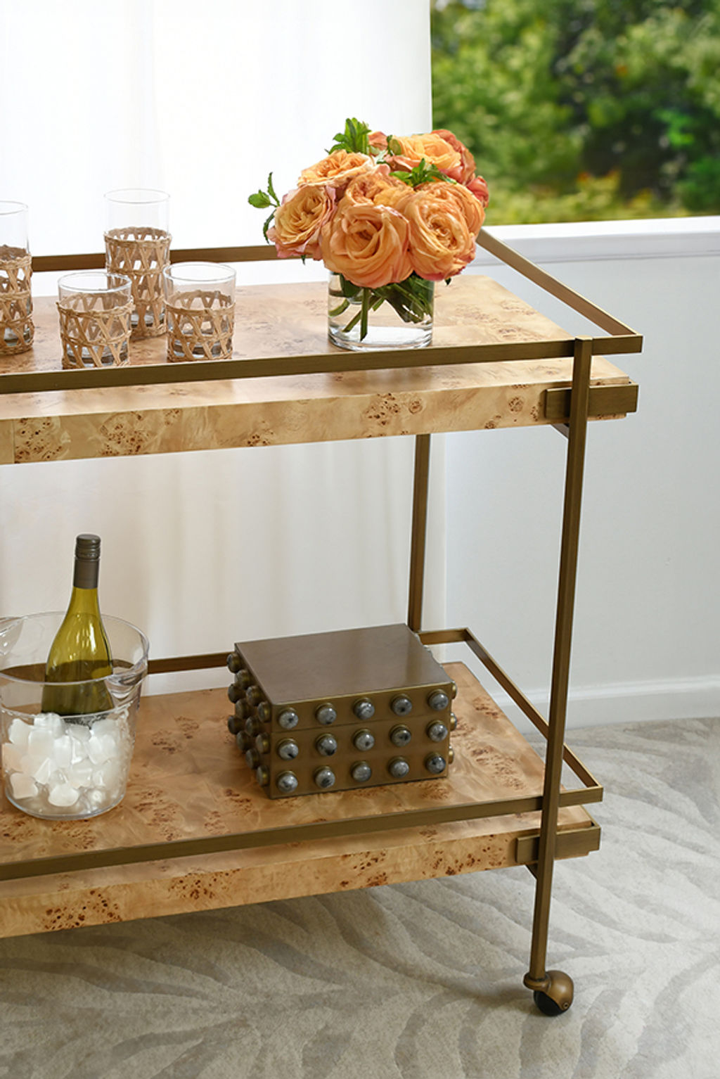 Antique Brass Bar Cart, Burl Wood