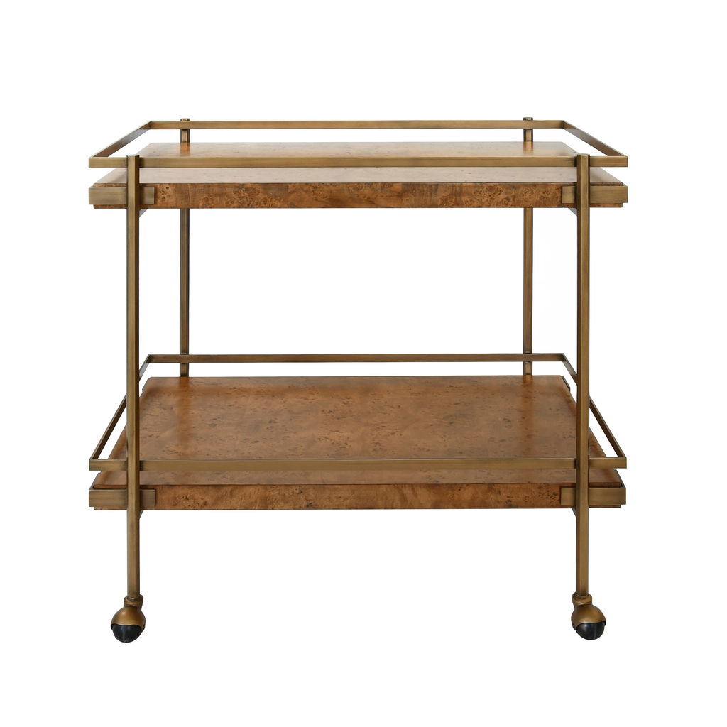 Preview image for Antique Brass & Dark Brown Burl Wood Rectangle Bar Cart Server with Wheels