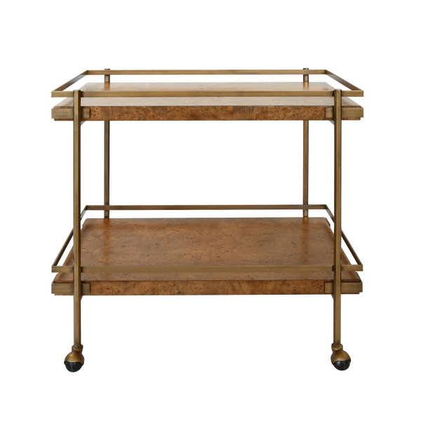 Antique Brass &  Dark Brown Burl Wood Rectangle Bar Cart Server with Wheels