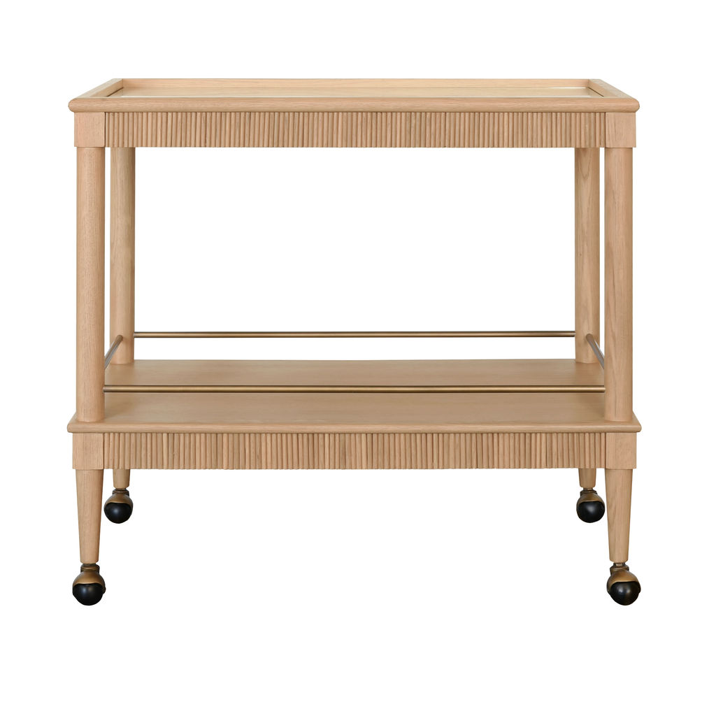 Natural Oak Wood Reeded Rectangle Glass Top Bar Cart Server with Wheels