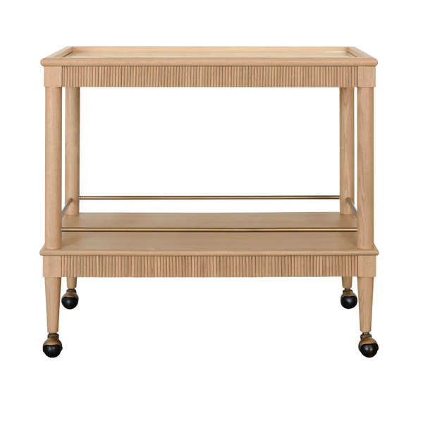 Natural Oak Wood Reeded Rectangle Glass Top Bar Cart Server with Wheels