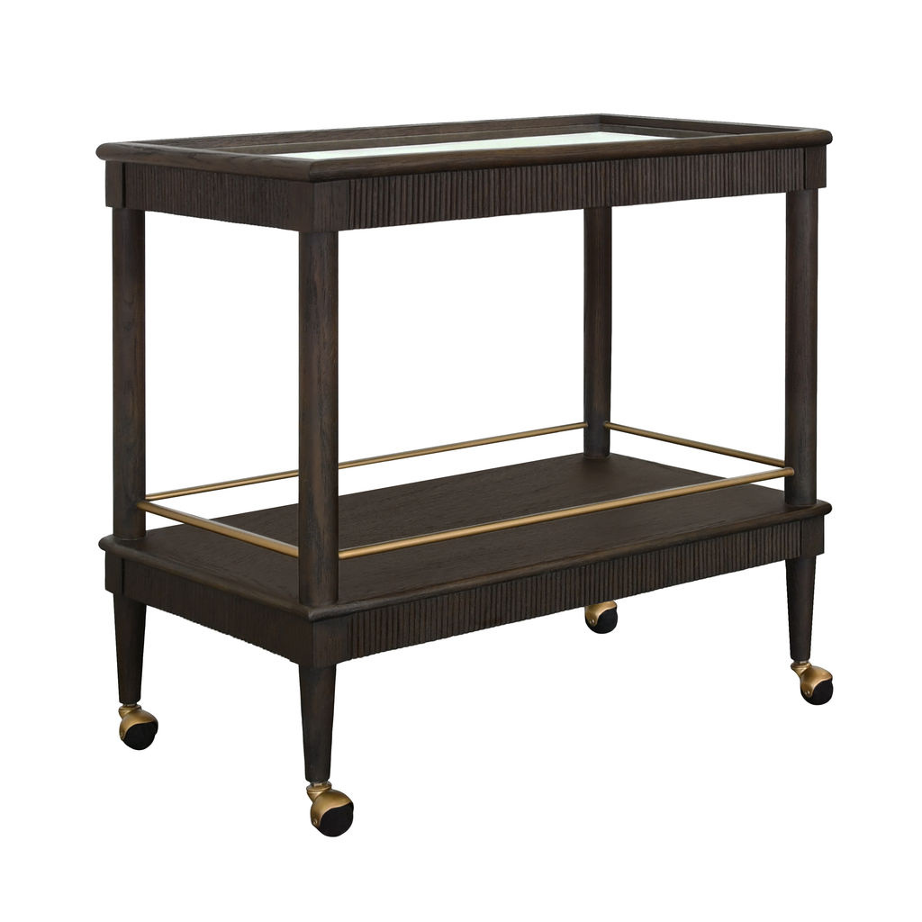 Dark Brown Oak Wood Reeded Rectangle Glass Top Bar Cart Server with Wheels