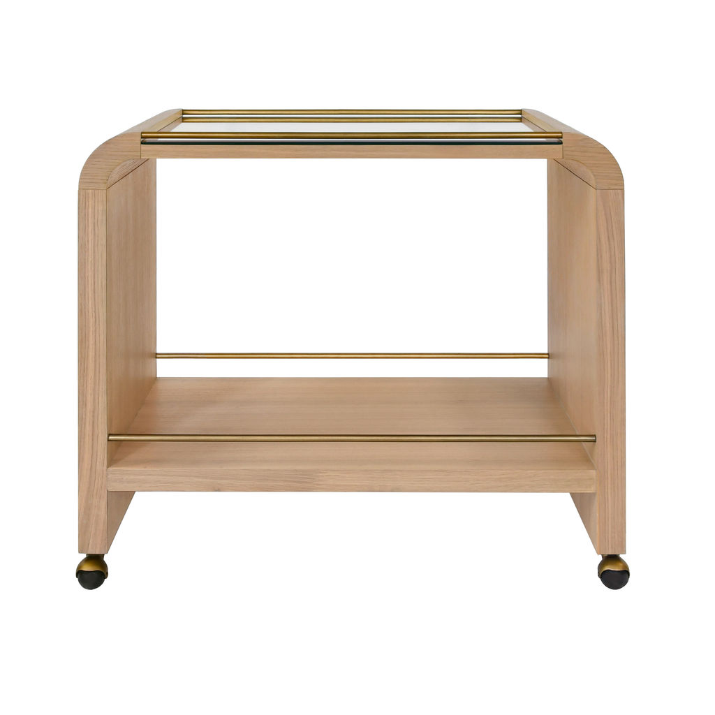 Natural Oak Wood Glass Top Curved Bar Cart Server with Wheels