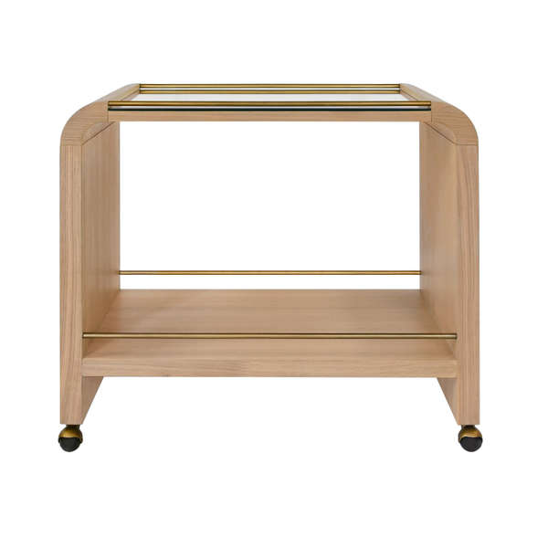 Natural Oak Wood Glass Top Curved Bar Cart Server with Wheels
