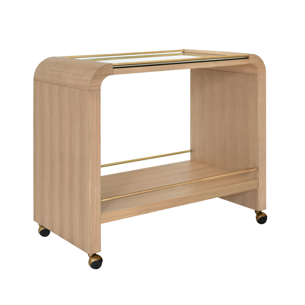 Natural Oak Wood Glass Top Curved Bar Cart Server with Wheels