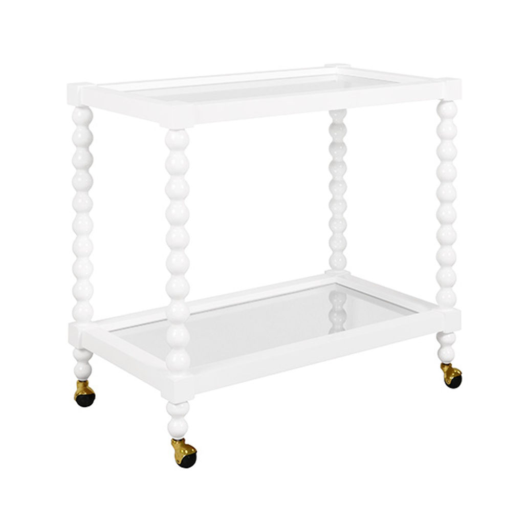 Gloss White Lacquer Spindle Bobbin Ball Rectangle Wood Bar Cart Server